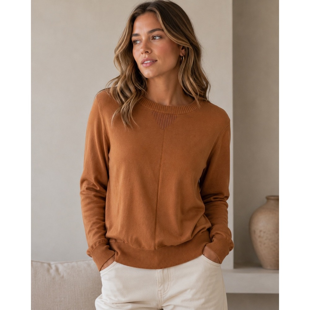 Pact Organic Cotton Sweater Brown Crewneck Long Sleeve Capsule Womens Small